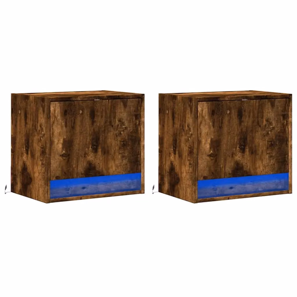 Berkfield Home Set of 2 Wall-mounted Bedside Cabinets with Integrated LED Lights in Smoked Oak Brown – 3