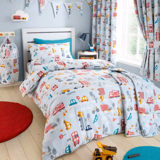Happy Linen Company Road Trip Transport Cars Reversible Duvet Cover and Pillowcase Set, Blue, Single, W/D/H: 90 x 200 cm