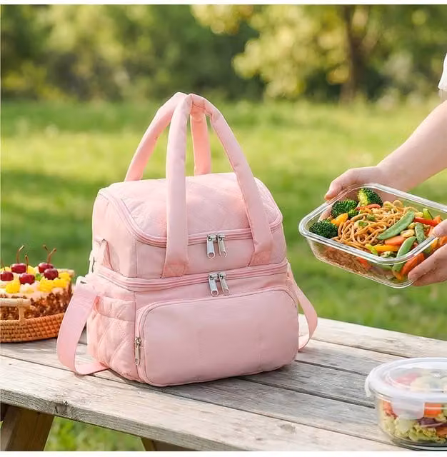 Living and Home 2 Layer Portable Insulated Fabric Lunch Bag in Pink – 1