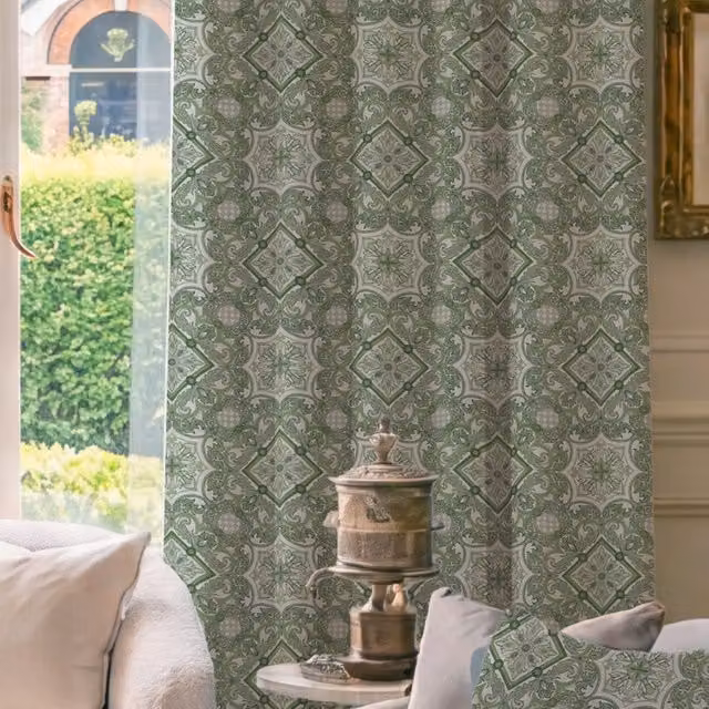 HOUSE Llewelyn-Bowen Festivo Made To Measure Blackout Cotton Curtains in Pistache Green with Floral Design