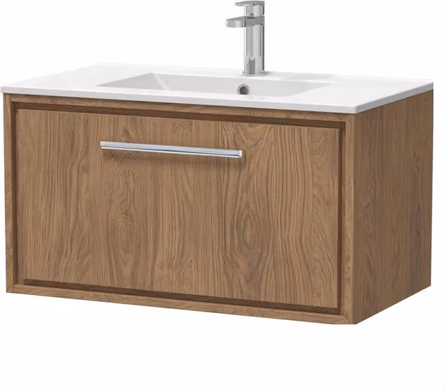 Balterley Longnor 1 Drawer Wall Hung Vanity Basin Unit in Antique Oak Brown, Width: 80 cm