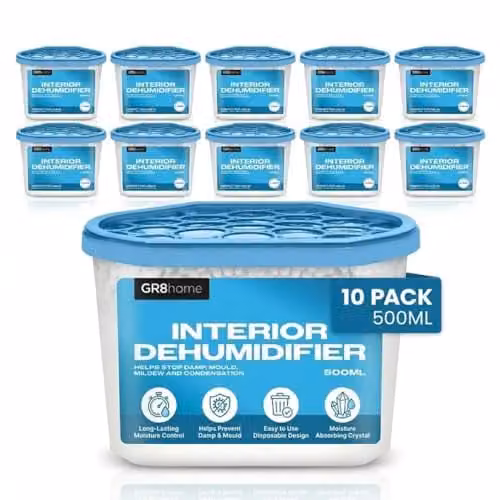 Gr8 Home Pack of 10 Disposable Dehumidifiers, 500ml, Blue and Transparent