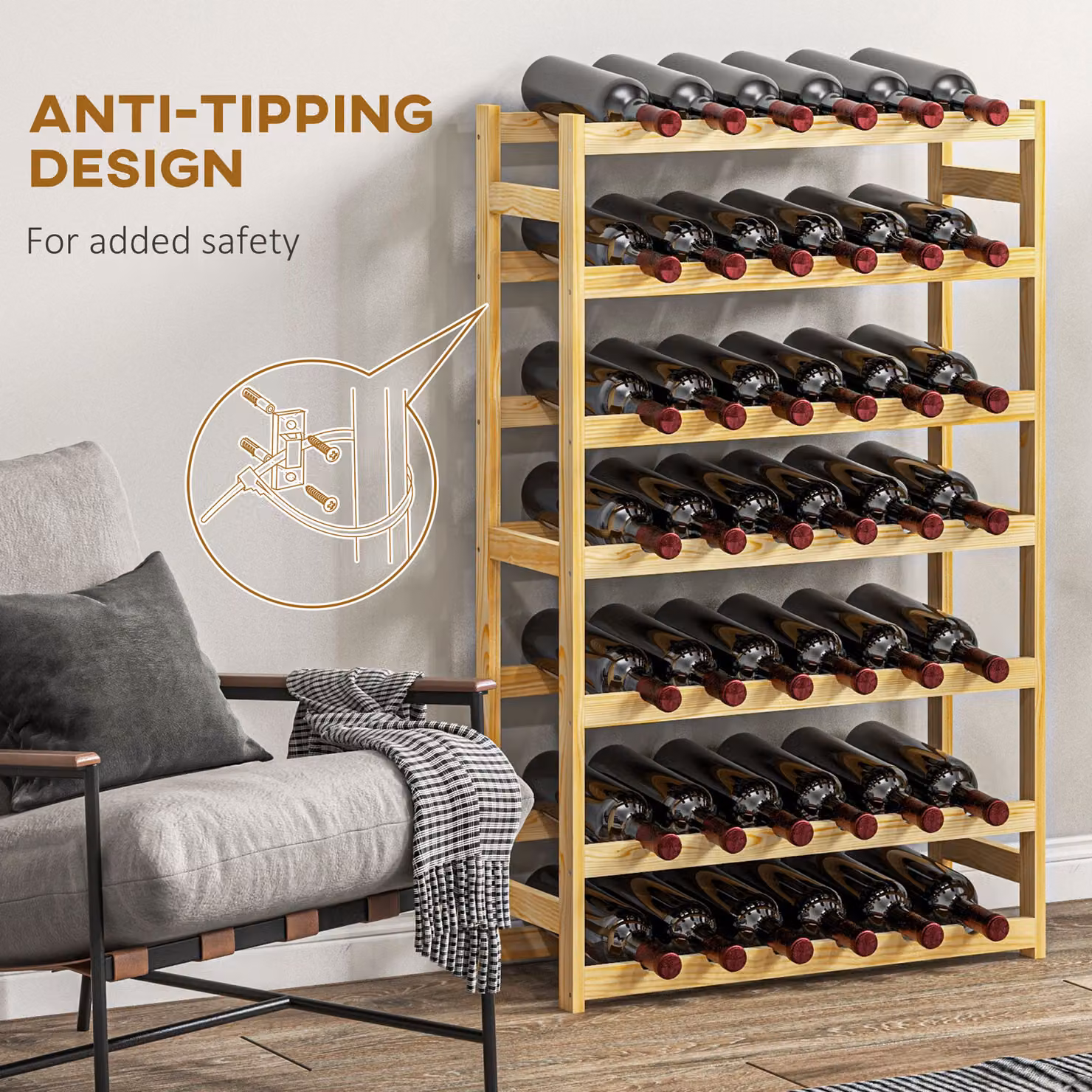 HOMCOM 42-Bottle Rustic Pine Wooden Wine Rack in Brown – 3