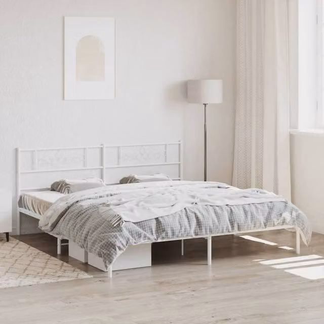 Berkfield Home Metal Bed Frame with Headboard, White, W/D/H: 193 x 203 cm