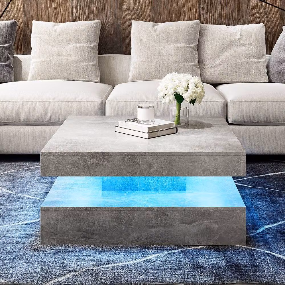 KEEPREAPER Modern Square Coffee Table with LED Light and 2-Tier Storage, Grey Marble Finish, W/D/H: 78 x 78 x 40 cm – 3