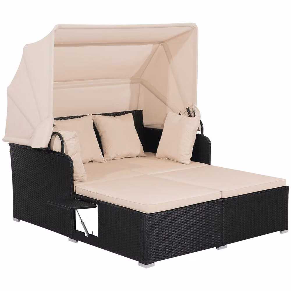 Costway Multicolour PE Rattan Wicker Patio Daybed with Retractable Canopy and Side Table – 3