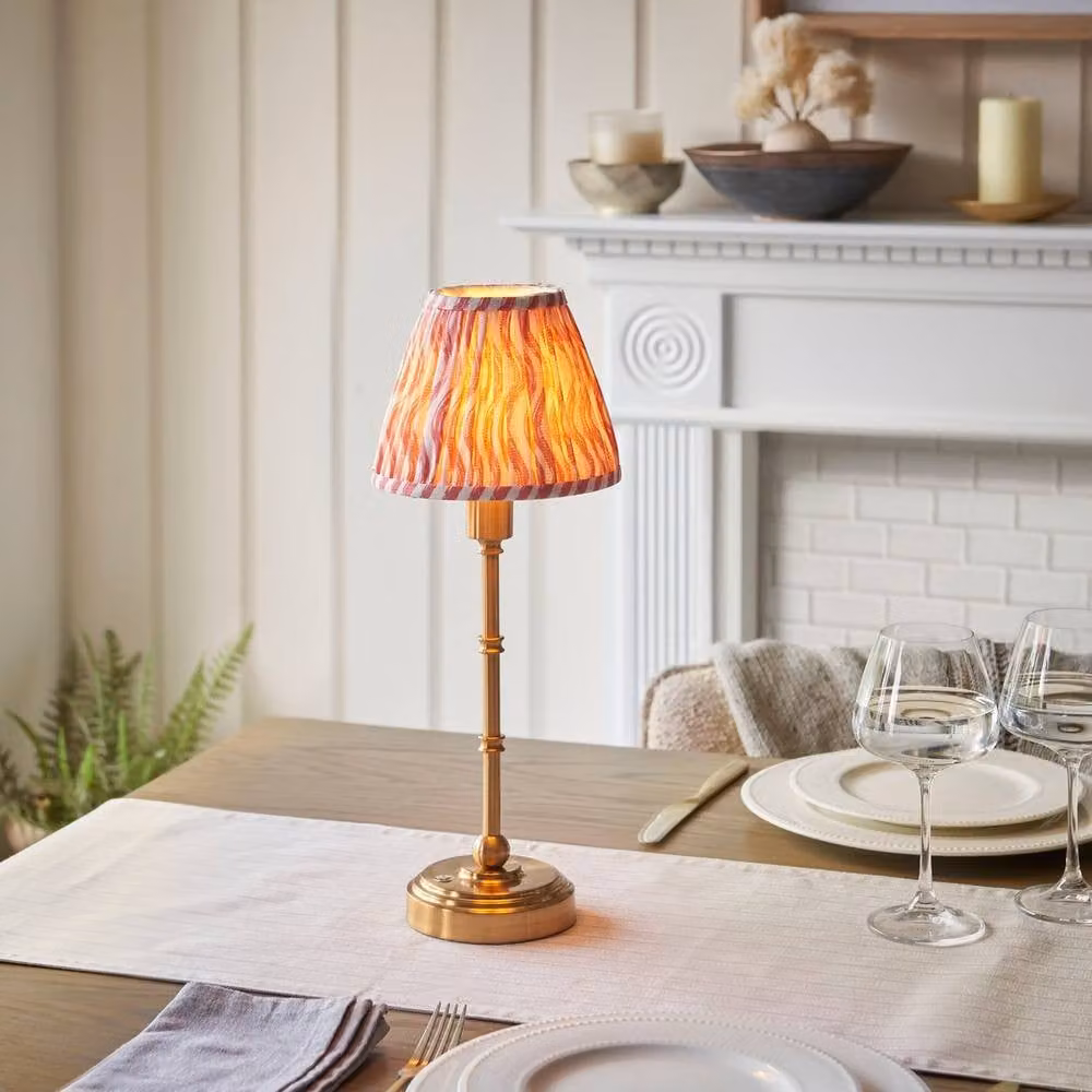 Netlighting Burley Rechargeable LED Table Lamp with Pink Fabric Ripple Shade and Gold Brass Base – 2