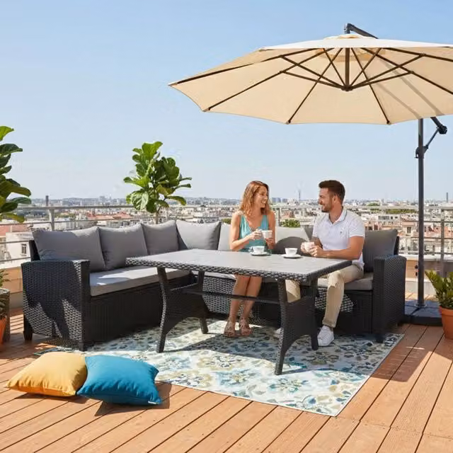 BIRCHTREE 5 Seater L-Shaped Corner Rattan Patio Furniture Set in Black