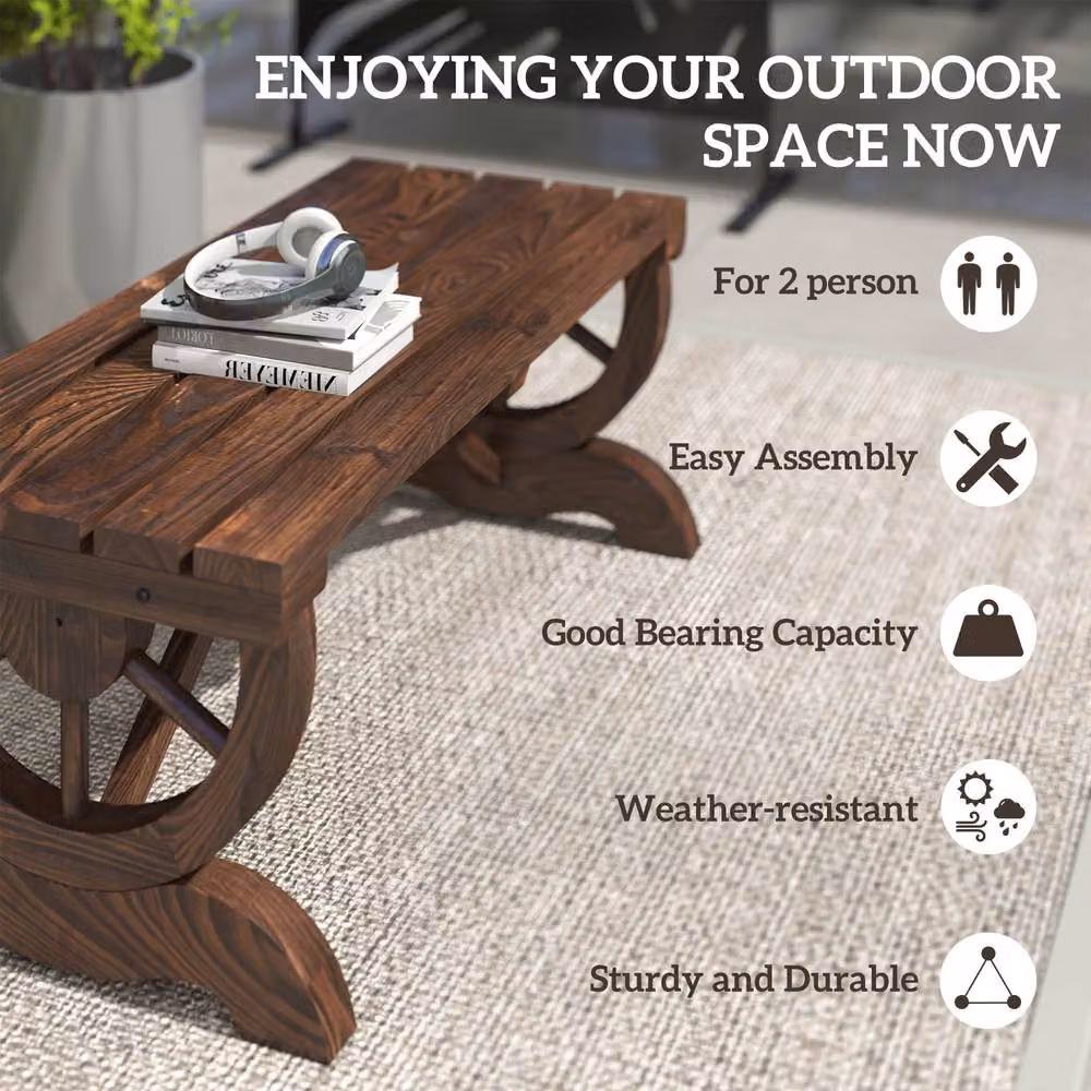 Outsunny Rustic Wooden Two Seater Wagon Wheel Garden Bench in Brown – 5