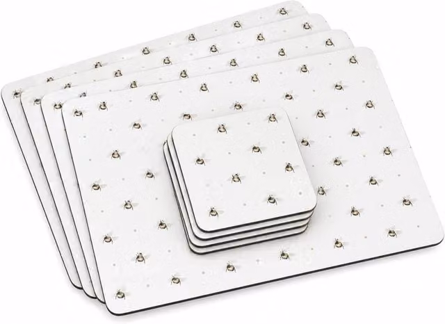 PAWNORA Set of 8 White Bumble Bee Graphic Cork Placemats and Coasters