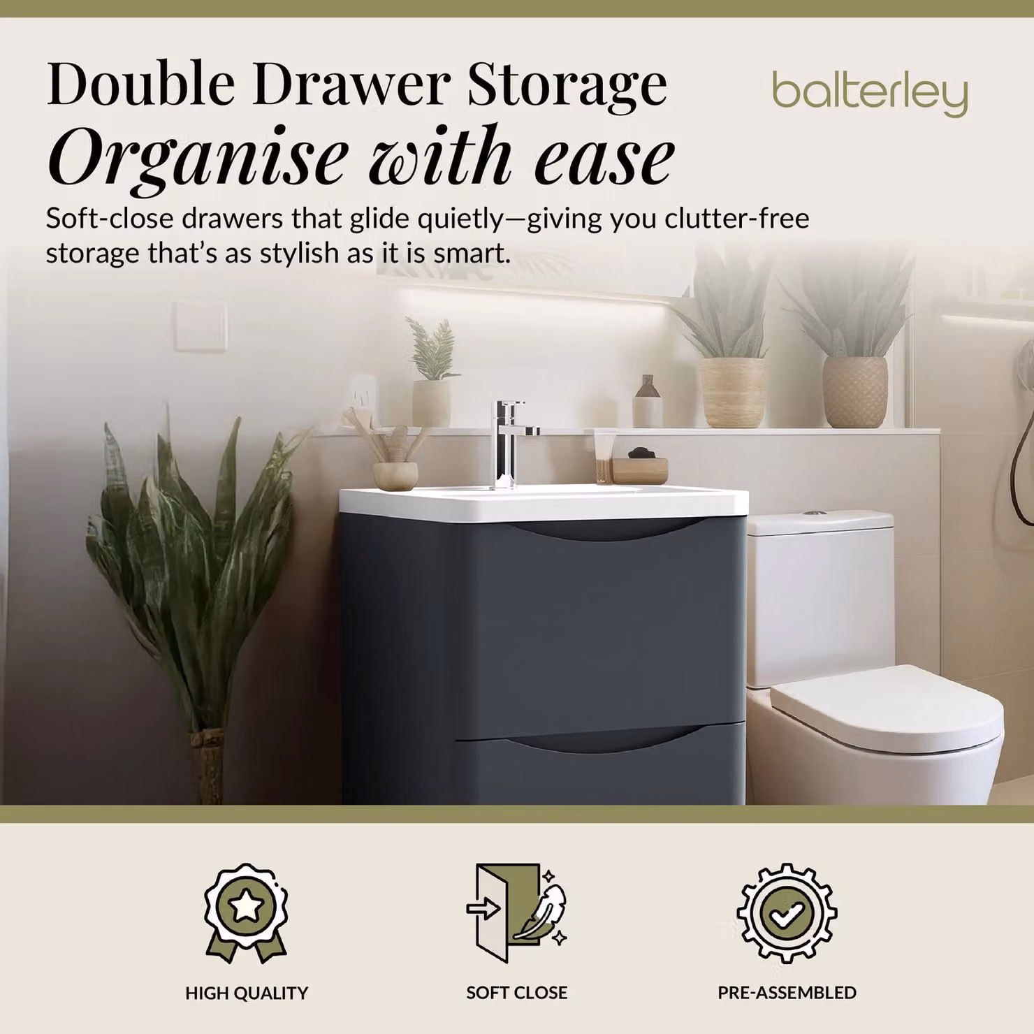 Balterley Modern 2 Drawer Bathroom Floor Vanity with Polymarble Basin, Dark Grey, Width: 60 cm – 2