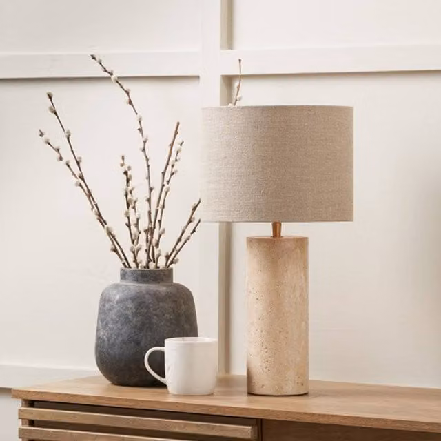Ruma Limestone Cylinder Table Lamp with Beige Fabric Shade – 1