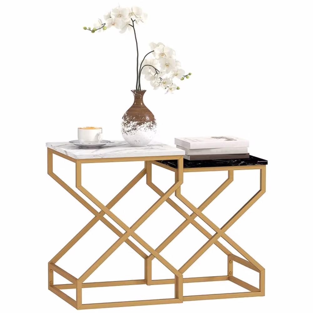 STILVORA Modern Nesting Side Tables with Marble Tops and Gold Metal Legs in Black and White – 3