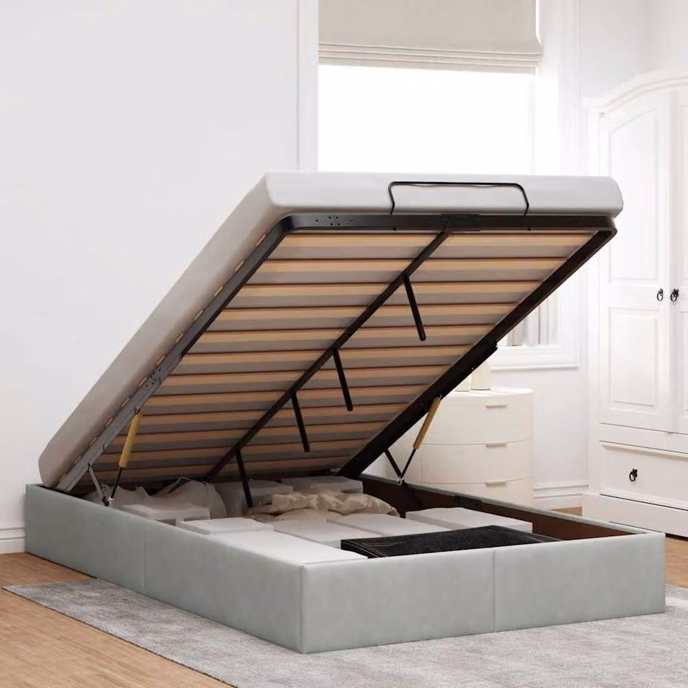 Berkfield Home Double Ottoman Bed Frame in Light Grey Velvet with Lift Up Base – 2