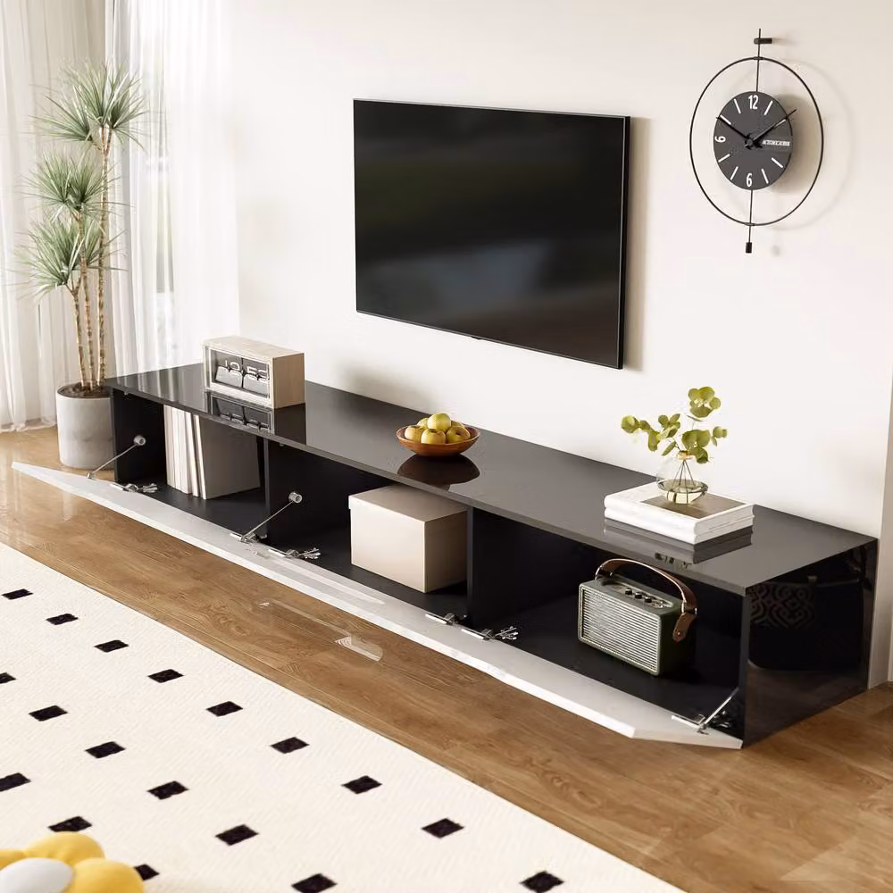 Rolipo Modern Black and White High Gloss Wall Mounted TV Cabinet with Integrated Lighting and Soft Close Drawers – 4