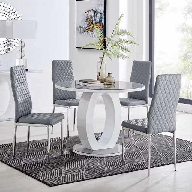 FurnitureboxUK Giovani Round Dining Table and 4 Milan Chairs Set, White High Gloss Halo Base with Grey Glass Top and Silver Legs, Diameter: 100 cm – 1