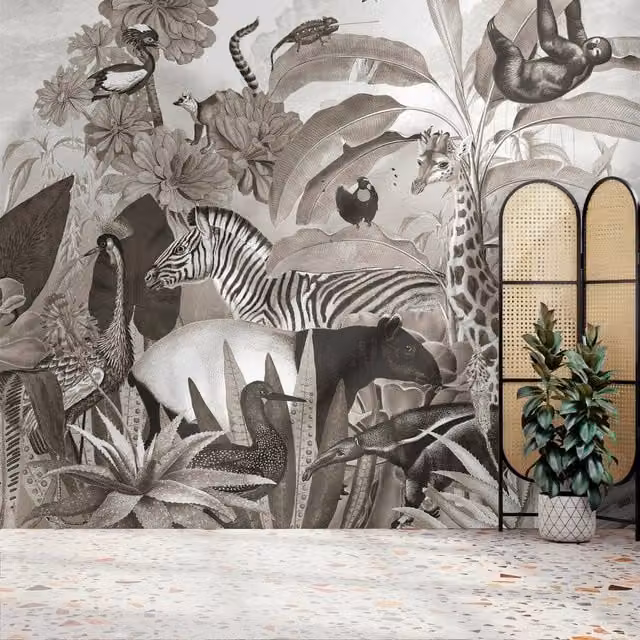 Superfresco Easy Jungle Animals Black and White Print Wall Mural W: 3 m, H: 2.8 m – 1