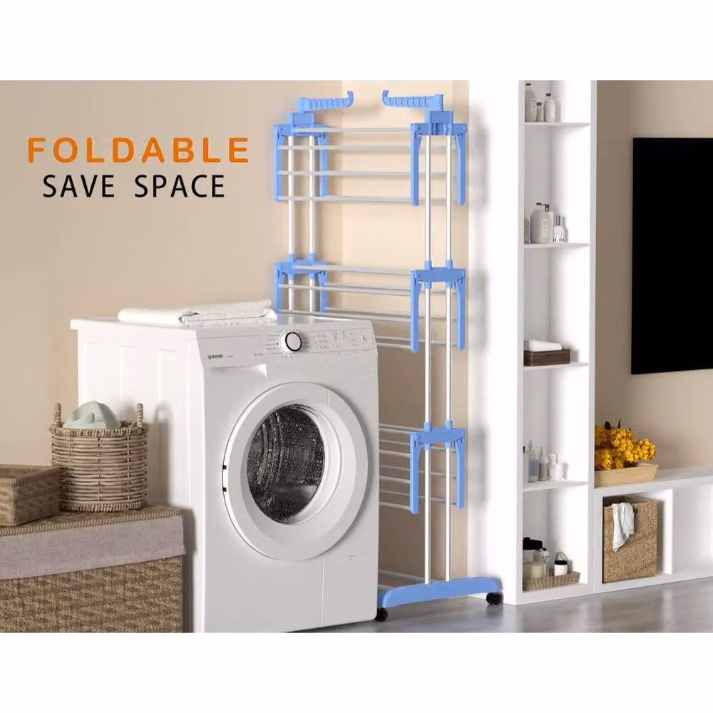 MANTRARAJ Foldable Extra Large 4 Tier Laundry Clothes Airer with Wheels and Hooks in Blue – 2