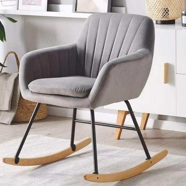 Wyld and Coco Grey Velvet Rocking Chair with Metal Frame and Armrests – 1