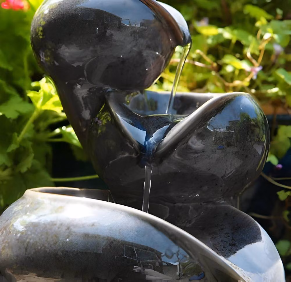 Primrose Cosmos Three-Tier Solar Powered Ceramic Water Feature in Dark Grey, Diameter: 25 cm – 3