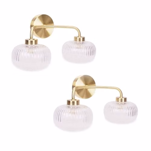 ValueLights Pair of Gold 2 Way Up and Down Wall Light Fittings with Transparent Ribbed Glass Lampshades and LED Bulbs Included, IP44 Rated – 1
