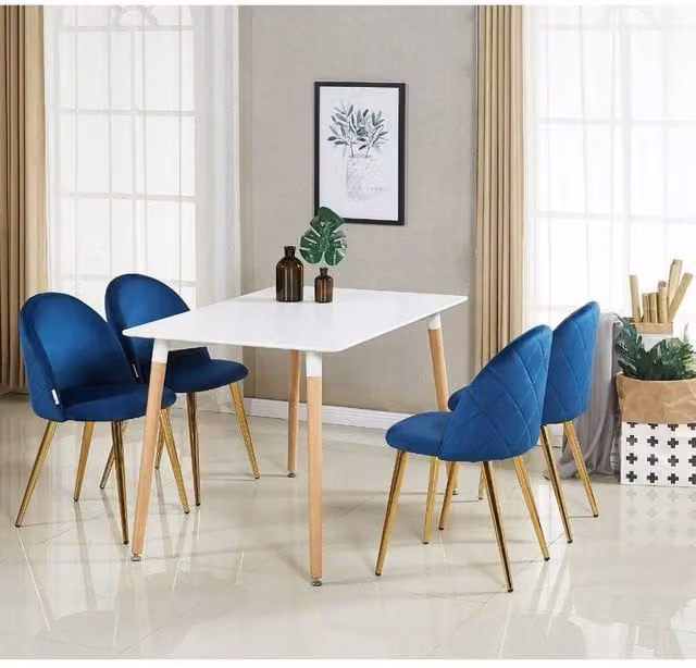 Life Interiors Lucia Halo Dining Set with Rectangular Table and 4 Blue Velvet Upholstered Chairs – 1
