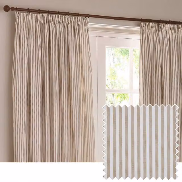 Yard Hebden Beige Striped 100% Cotton Blackout Pencil Pleat Curtain Pair, Width: 229 cm, Drop: 229 cm