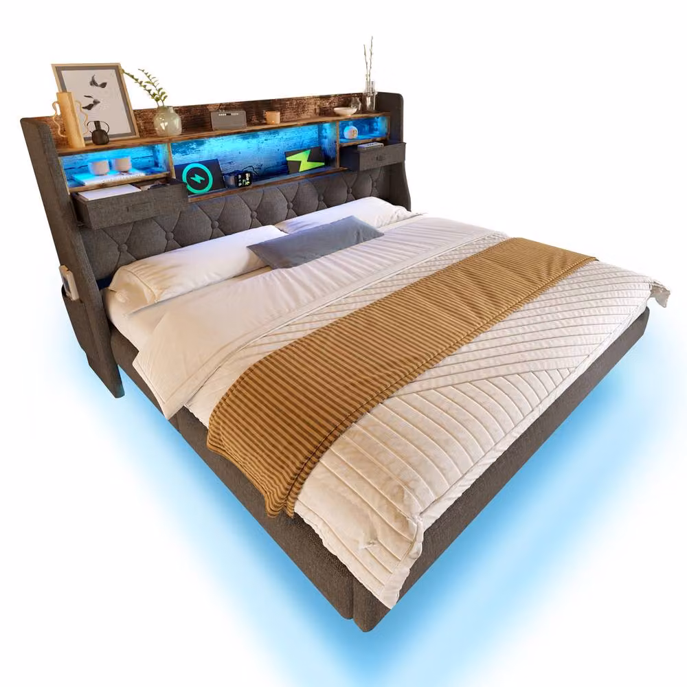 BTM King Ottoman Upholstered Floating Bed Frame in Grey with LED Under-Bed Lighting and USB Charging Ports – 6