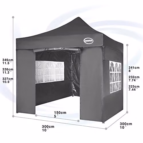 MAXIMUS Heavy Duty Commercial Pop Up Gazebo Market Stall with 4 Walls and 4 Weight Bags, Grey, W/D/H: 300 x 300 x 345 cm – 3