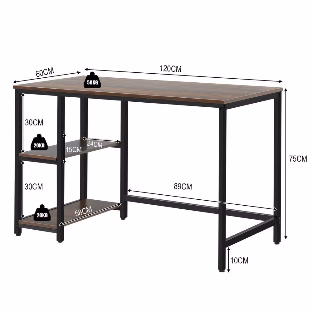 Costway Industrial Computer Desk with Storage Shelves in Brown, W: 120 cm, D: 60 cm – 2