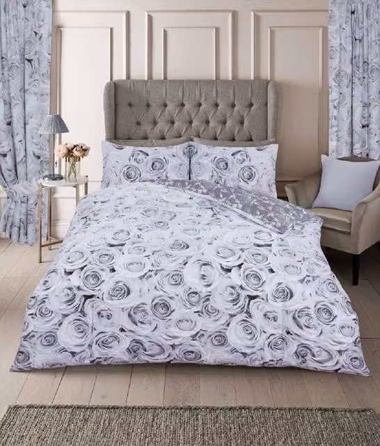 Smart Living Bellerose Printed Polycotton Duvet Cover and Pillowcases, Grey, W/D/H: 135 x 200 cm and 50 x 75 cm