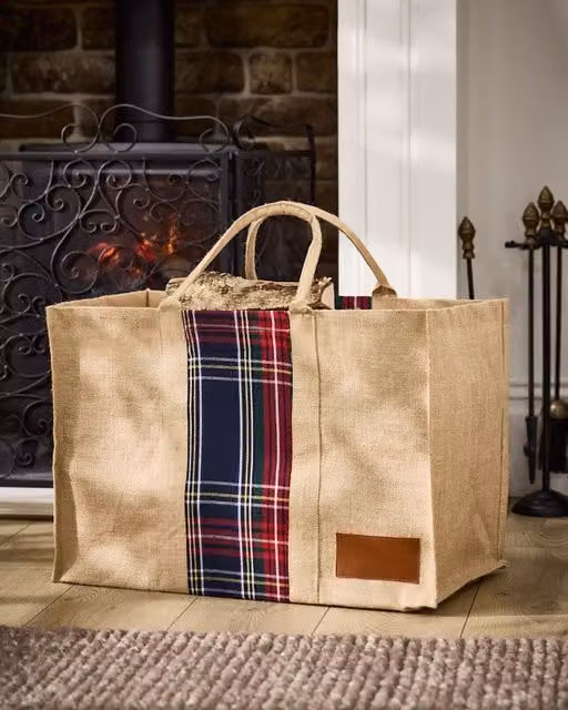 Dibor Traditional Tartan Plaid Natural Firewood Log Storage Jute Bag in Brown, Sand and Multicolour, H40 x W60 cm