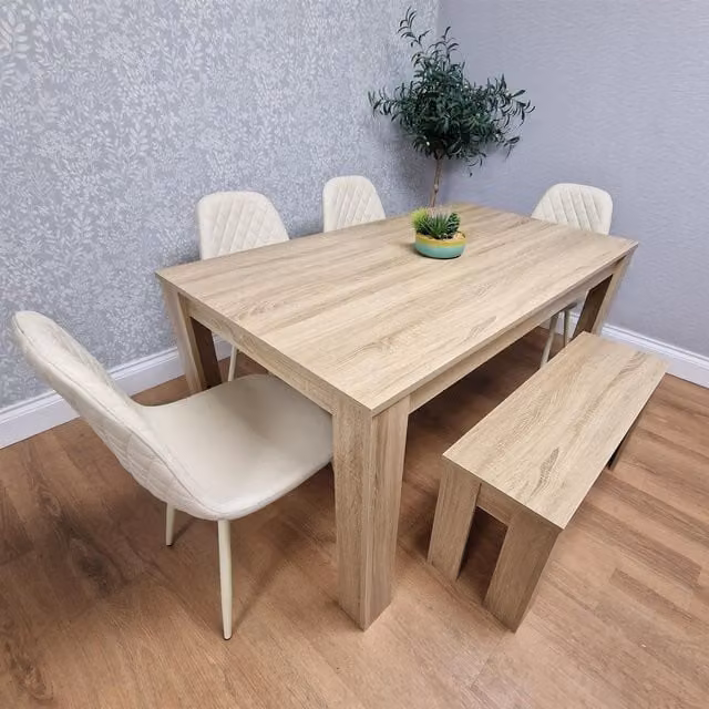 Kosy Koala Modern Oak Effect Dining Set in Brown with 4 Cream Plastic Chairs and Bench