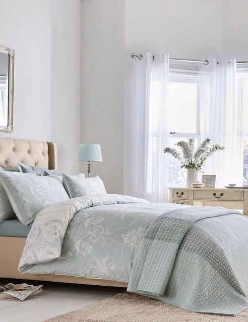 Laura Ashley Josette Duck Egg Floral Pure Cotton Sateen Reversible Bedding Set, W: 180 cm, L: 200 cm