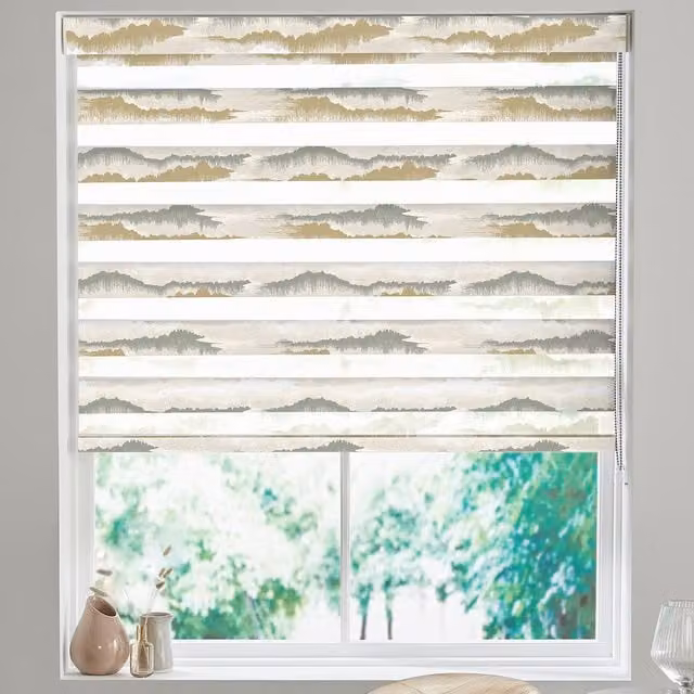 Terry's Landscape Made to Measure Day and Night Blind in Olive Green and Beige Striped Textile