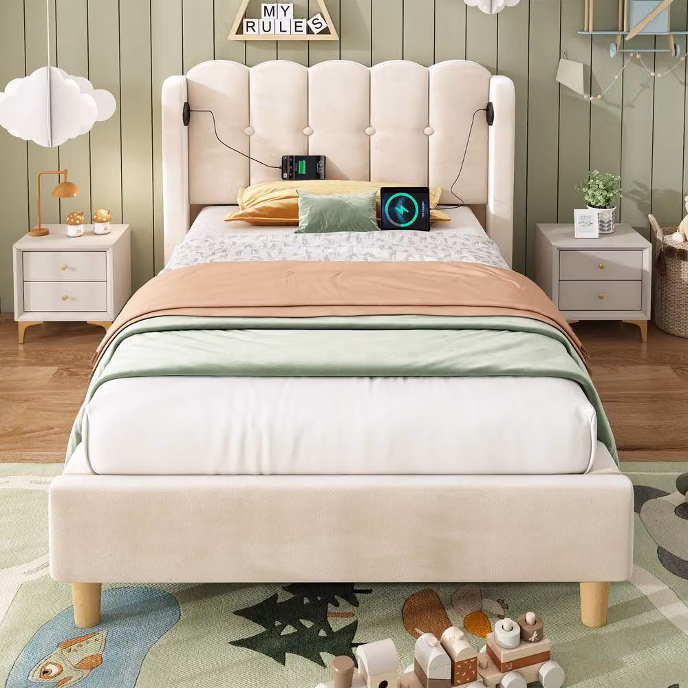 ModernLuxe Upholstered Single Bed in Beige Velvet with USB Charging Port and Wooden Slatted Frame, W/D/H: 90 x 200 cm – 4