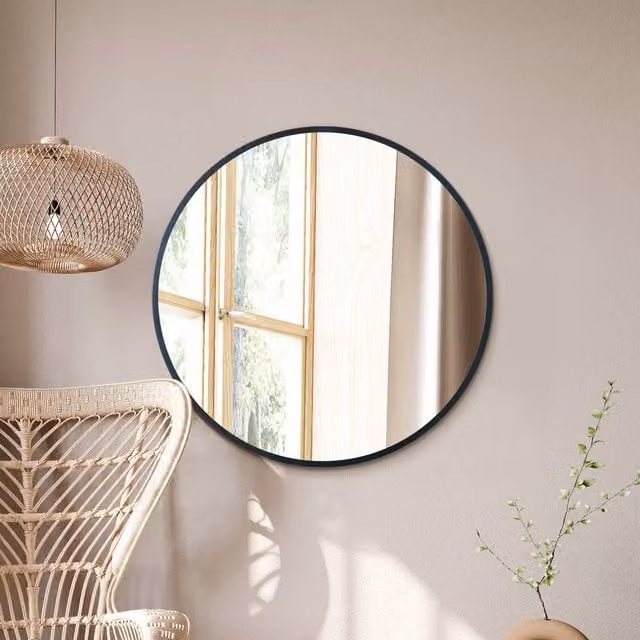 MirrorOutlet The Fenestra Modern Black Edged Circular Wall Mirror, Diameter: 78.74 cm