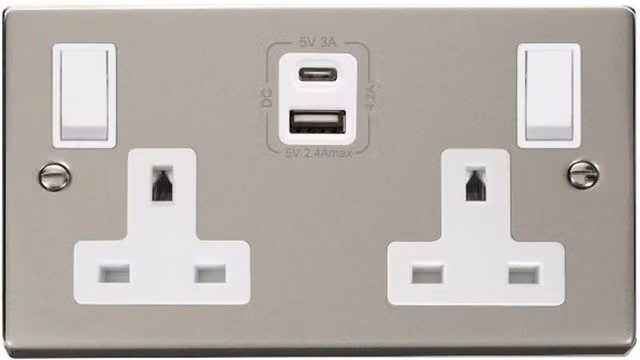 SE HOME White and Silver Surface Mounted 2 Gang 13A Type A C USB Twin Double Switched Plug Socket