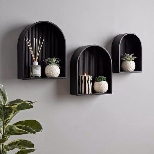 OHS Ribbed Arched Floating Wall Mounted Display Shelves in Black, 3 Pack – 1