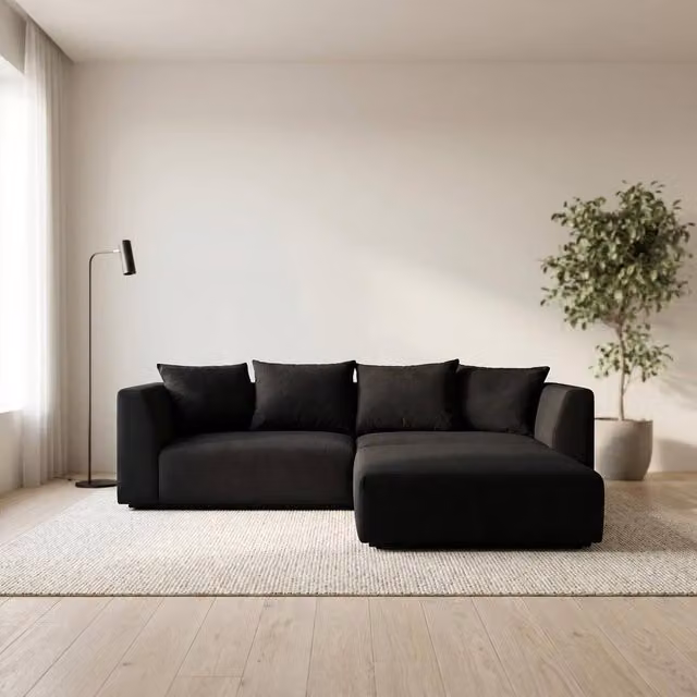 Abakus Direct Tokyo L-Shape Corner Sofa in Black Geometric Basket Weave Fabric with Reversible Deep Seats and Scatter Cushions