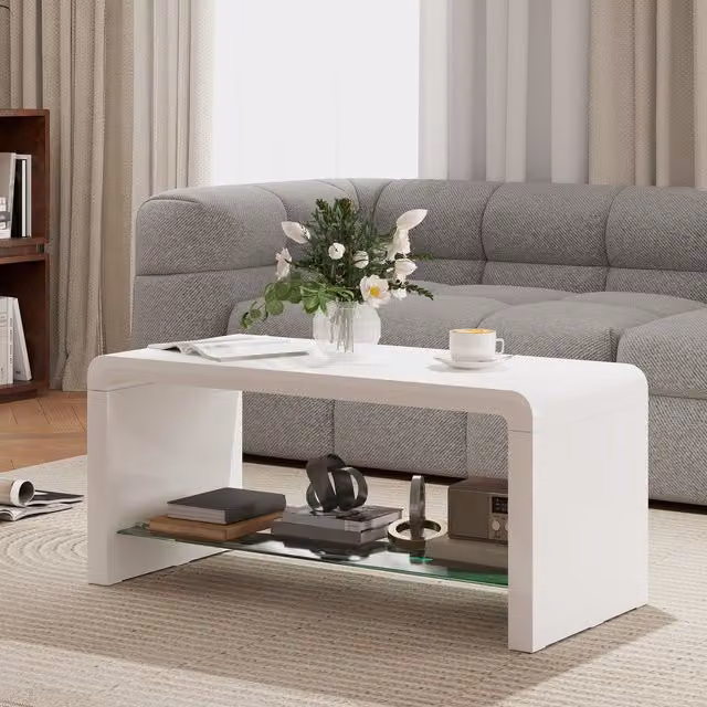 HOMCOM Modern High Gloss Coffee Table with Glass Top and Storage Shelf in White