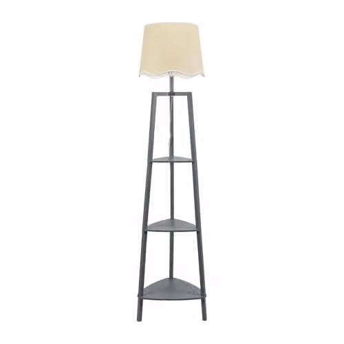 ValueLights Grey Wooden 3 Tier Shelf Floor Lamp with White Trim Scallop Shade and Included LED Bulb
