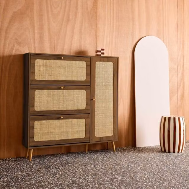 sweeek Mid Century Canework Shoe Cabinet with 3 Drawers and Tilting Compartments, Brown, W/D/H: 120 x 38.3 x 125 cm – 1