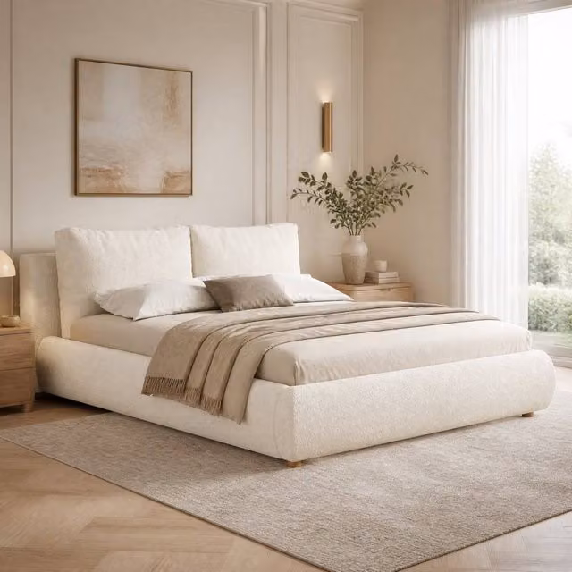 STILVORA King Size Ottoman Bed Frame with Storage, White Boucle Upholstered Design, W/D/H: 180 x 200 x 29.5 cm