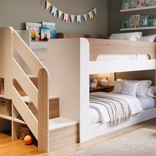 Flair Furnishings Double Bunk Bed for Children with Staircase Storage in White and Oak – 1