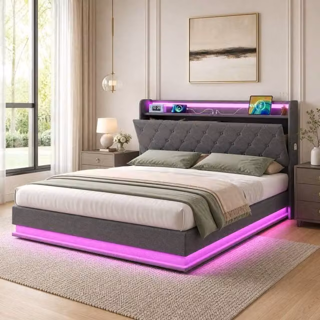 STILVORA King Size Bed Frame with Lift Up Storage, LED Lighting and USB Charging Ports in Grey