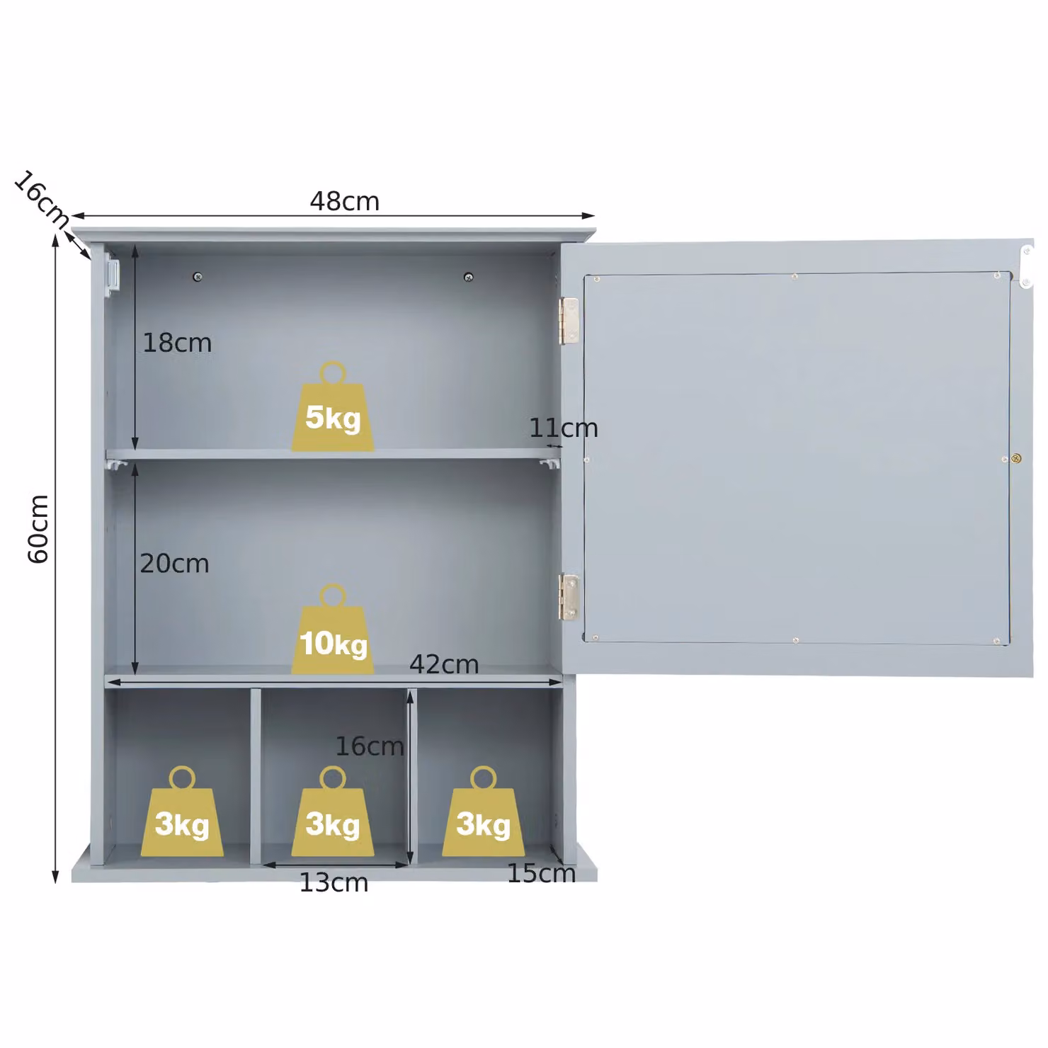 Costway Grey Wooden Wall Mounted Bathroom Storage Cabinet with Mirror and Internal Shelves – 2