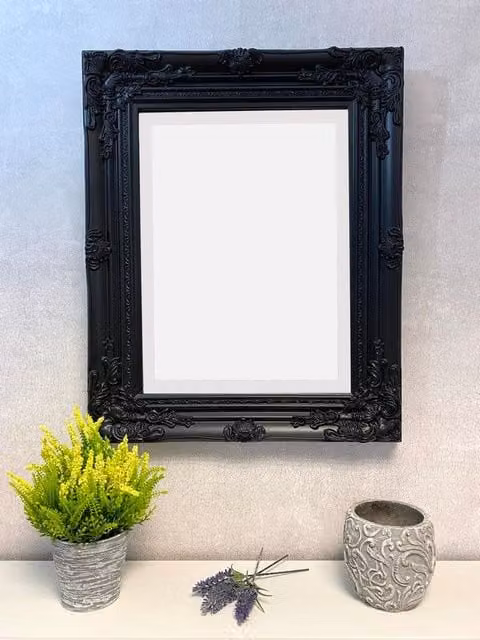 Downton Interiors Antique Style Black Wood Frame Rectangular Wall Mirror with Bevelled Glass W: 53 cm, H: 43 cm
