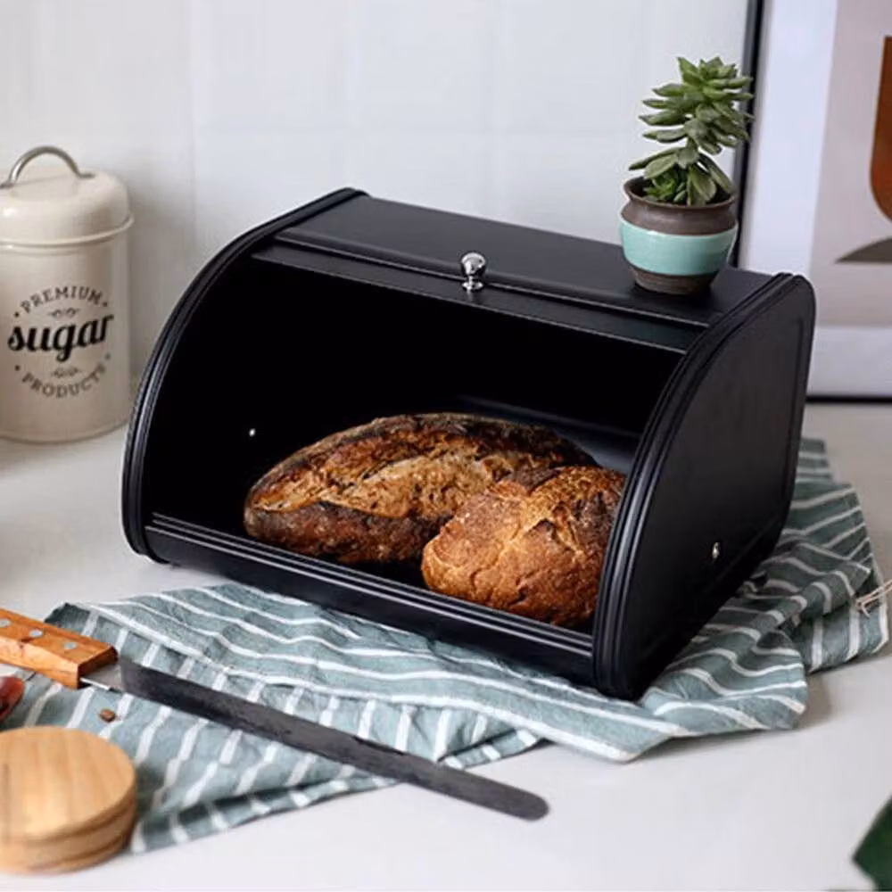 FORGEVIO Black Extra Large Metal Bread Box with Roll Top Design – 3