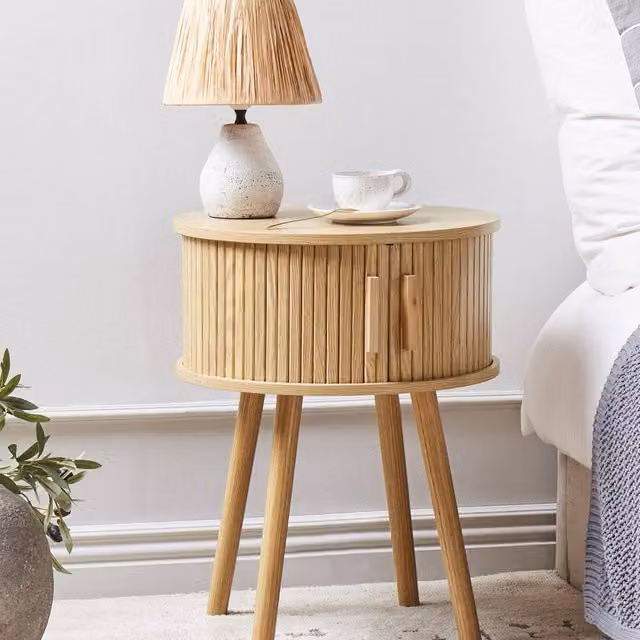 Wyld and Coco Nightstand in Light Brown with Sliding Doors and Pine Legs – 1